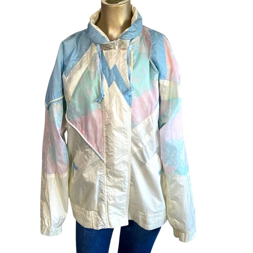 Vintage ELCO 80s 90s Windbreaker Jacket Women Large Pastel Geometric Patchwork